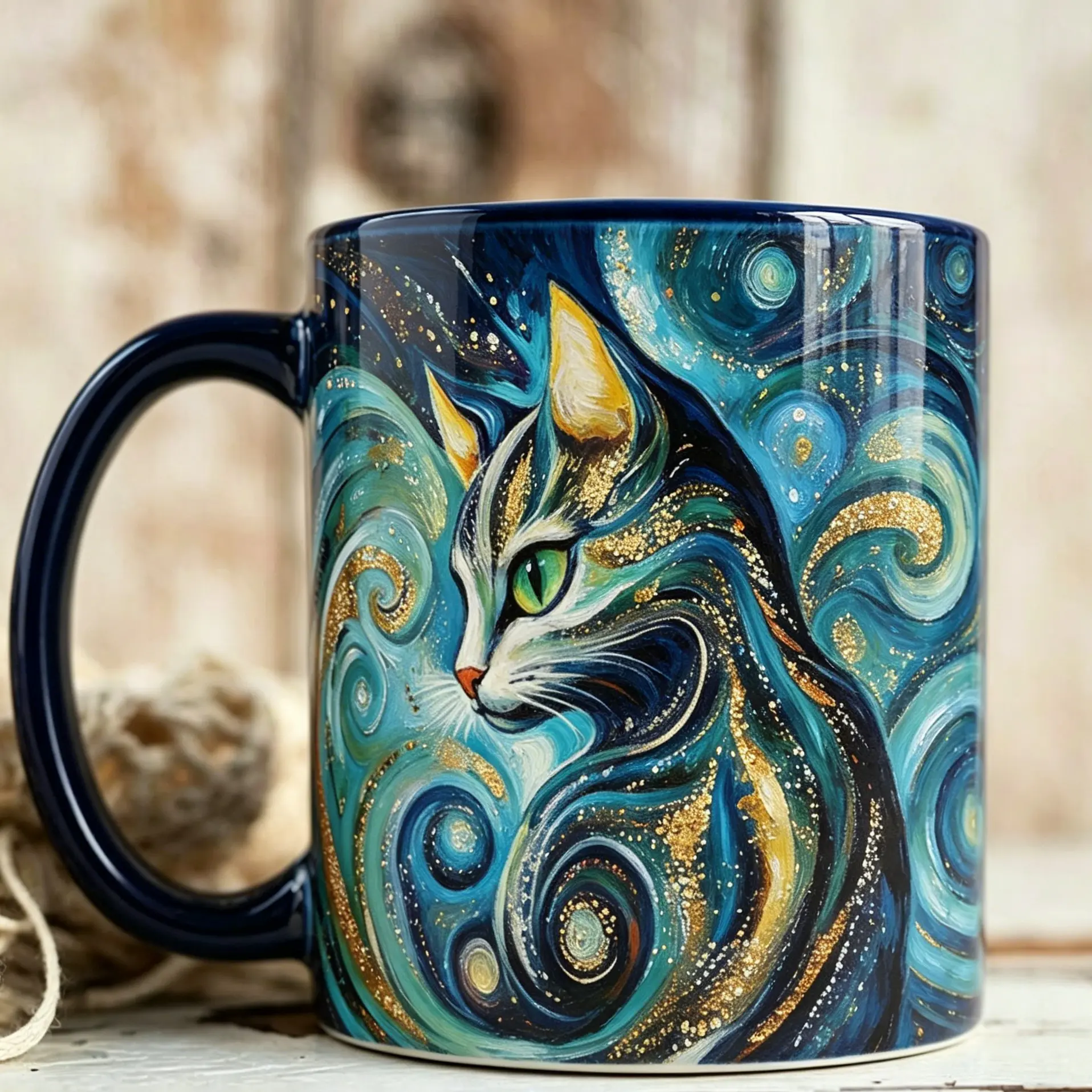 Ceramic Starry Cat Painted Mug - Artistic Aesthetic Coffee Cup, Painted Ceramic Drinkware for Kitchen Use, Painted Ceramic Mugs