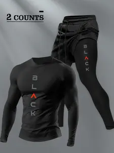 Men's "BLACK" Graphic 3-Piece Gym Set - Compression Long Sleeve, Leggings & Shorts, High Waisted Athletic, Athletic Outfit for Workouts, Trendy Minimalist Techwear Fashion