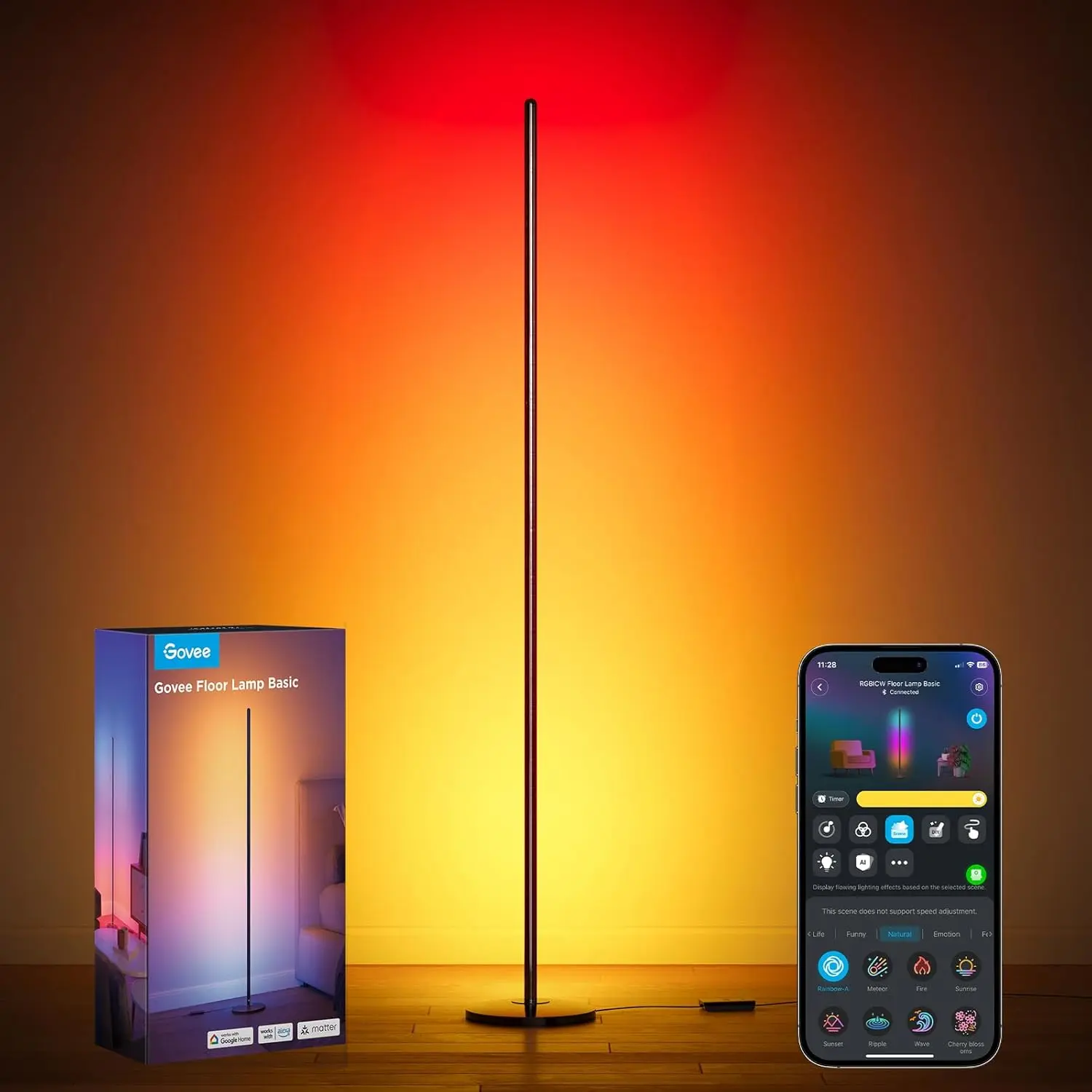 Govee RGBIC Basic Smart Floor Lamp, 1000lm LED Corner Light, Controlled via SmartThings, Alexa & Matter, Music Sync, 16M DIY Colors, Standing Fixture for Bedroom & Living Room