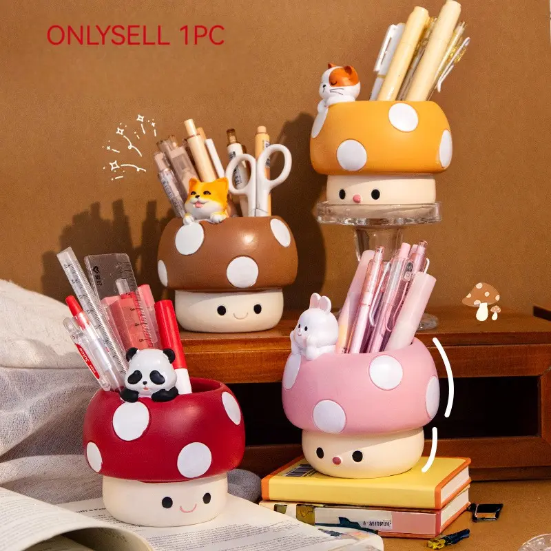 Cute Cartoon Mushroom Pen Holder, Student Desk Organizer, Multi-Functional Creative Storage Decor, Resin Succulent Plant Pot, Handmade Mini Planter, Cute Office Desk Accessories, Desk Organizer Supply