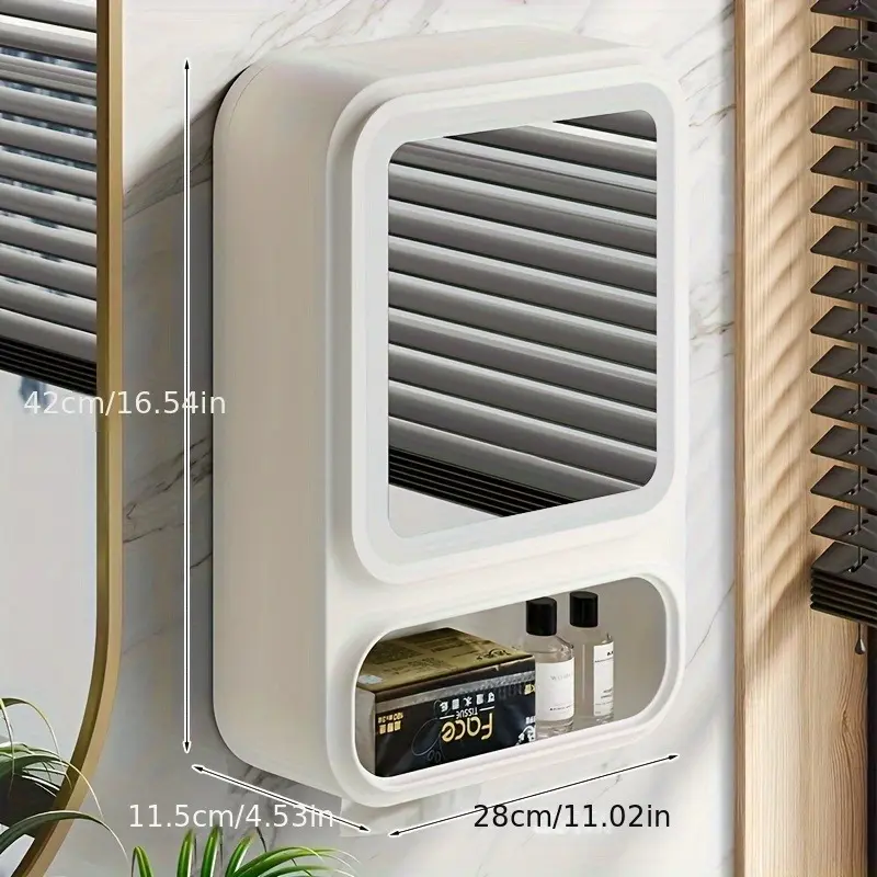 1-Piece wall-mounted bathroom locker (with mirror door) - non-punching installation, waterproof design for bathrooms. Modern plastic rack with hanging laminates and compartments, white compact cabinet for vanity storage