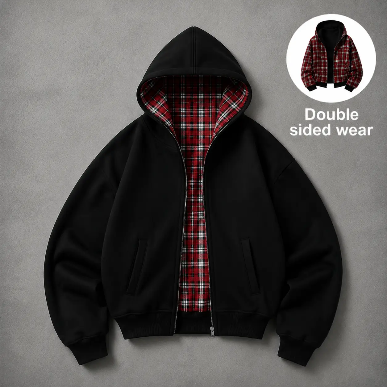 Unisex cotton hooded jacket, plaid reversible hoodie sweatshirt jacket, with pockets, comfortable casual streetwear top