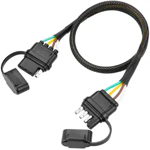 4 Pin Trailer Wire Extension Cable, 12 inch, 4 Way Flat Trailer Light Plug Connector with Dust Cover, 18AWG Pure Copper Wiring Harness Extender with Loom Tubing Protection