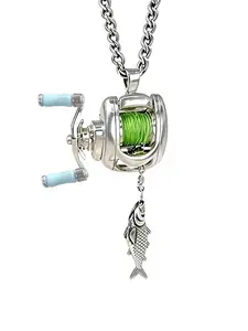 Fishing Reel Necklace with Rotating Handle, Adjustable Spool Pendant Keychain, Fishing Enthusiast Accessory, Fisherman Backpack Charm, Modern Fashion Accessories