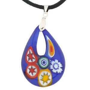 Glass Of Venice Murano Glass Tear Drop Gemma Millefiori Pendant Necklace - Blue and Multicolor With Drop Pendant 1-3/4 Inch Fashion Jewelry for Women Handmade In Venice, Italy