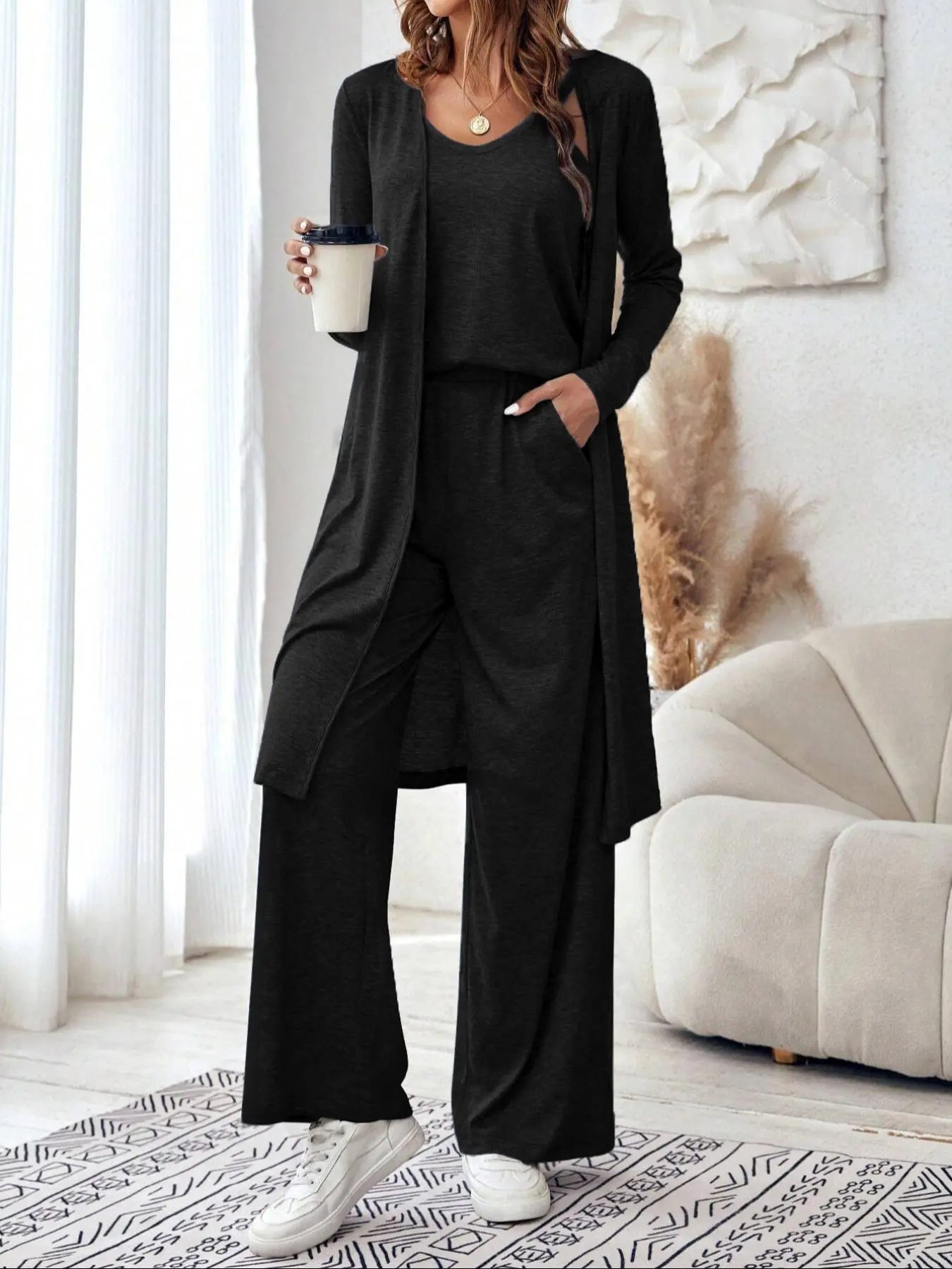 Women's Solid Long Sleeve Outerwear & Pocket Wide Leg Pants & Cami Top Set, Casual Style Set, Casual Fashion Outfits for Daily Wear, Basic Womenswear, Casual Loungewear Set, Knitted Fashion Set