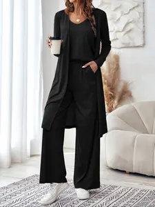 Women's Solid Long Sleeve Outerwear & Pocket Wide Leg Pants & Cami Top Set, Minimalist Casual Fashion Fitted Outfits for Daily Wear, Basic Womenswear, Matching Sets for Women, Cozy Lounge Set, Casual Loungewear Set, Home Wear Set