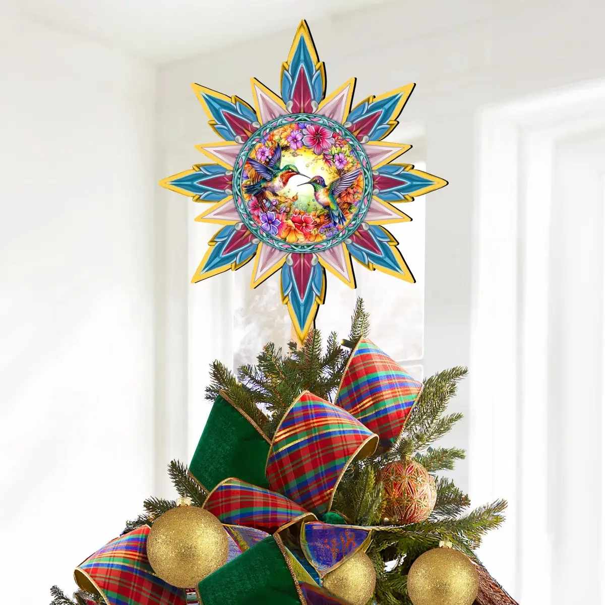 G. Debrekht 89512 Hummingbird Heaven Star 1-Piece UV-Coated Wooden Christmas Tree Topper, Unisex Farmhouse Artistic Durable Lightweight Ornament, 16.5" x 11" All-Seasons Wildlife Home Decor, Artisanal Techniques