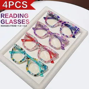 4PCS Women's Fashion Retro Square Studded Floral HD Reading Glasses High Quality Eyewear - Elegant & Artistic PC Frame, +1.0 to +4.0 Diopters, Lightweight & Durable for Daily Office, Computer Work & Reading