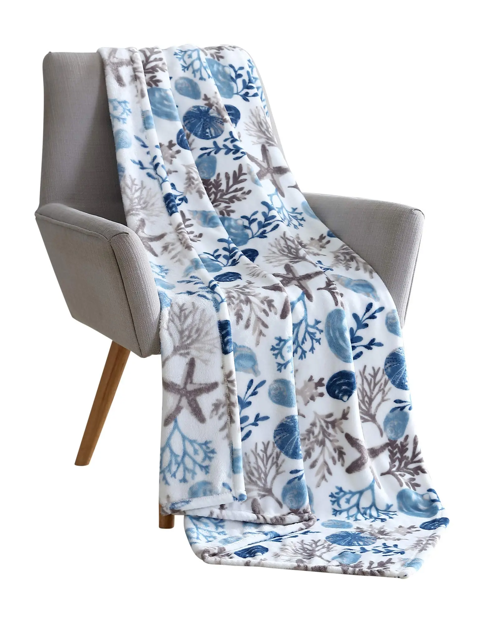 Flannel Throw Blanket - Soft Fluffy Lightweight Coastal Ocean Beach Design Blanket with Seashells, Blue Grey Hues on White Accent, for Couch, Bed, Soft Fluffy Blanket
