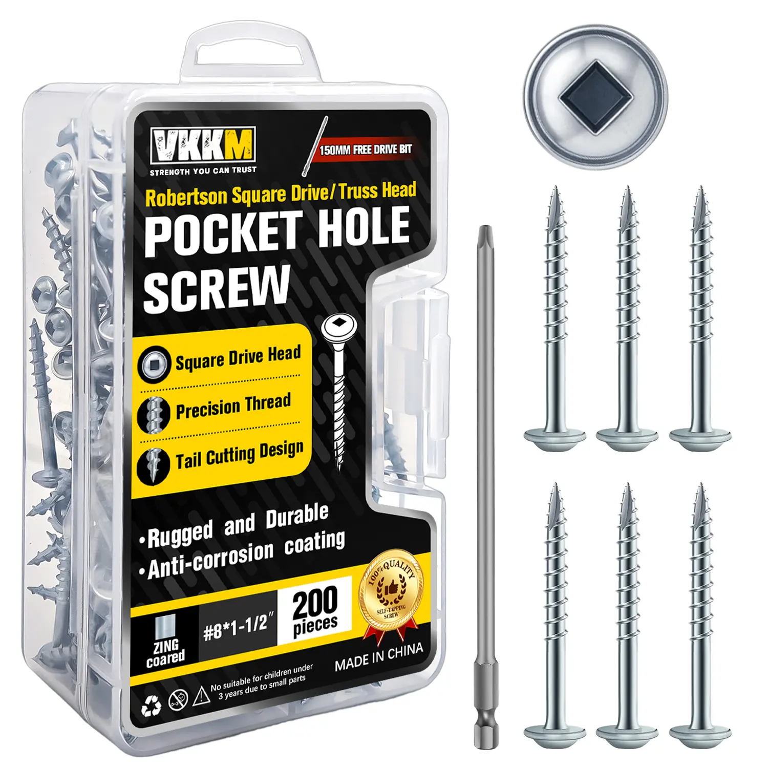 VKKM 200Pcs #8×1-1/2" Zinc Plated Pocket Hole Wood Screws Kit with Robertson Bit, Truss Washer Head, Coarse Thread, Anti-Rust for Cabinets, Floating Shelves, Dining Tables, DIY Users Wood Joinery