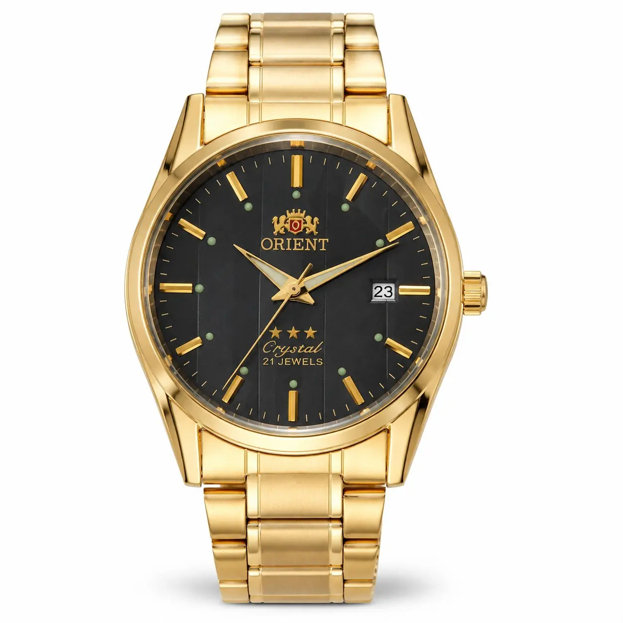 Orient Men Automatic Mechanical Watch Full Gold Stainless Steel Band Black & Champagne Dial Options 21 Jewels Crystal Glass Luminous Index Date Display Waterproof Classic Business Dress Wristwatch Luxury Daily Wear Gift For Gentlemen