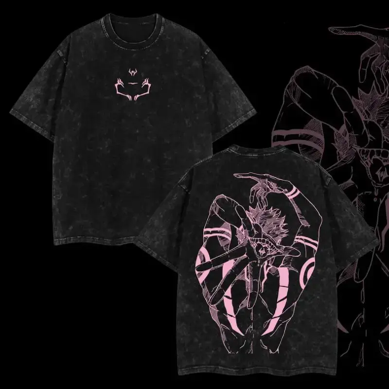 Women's Oversized Cotton Short Sleeve Tee - Vintage Wash Effect, Ryomen Sukuna Anime Art Graphic Print, Otaku Style Casual Streetwear Top, Customizable, All Seasons Affordable Basic Garment