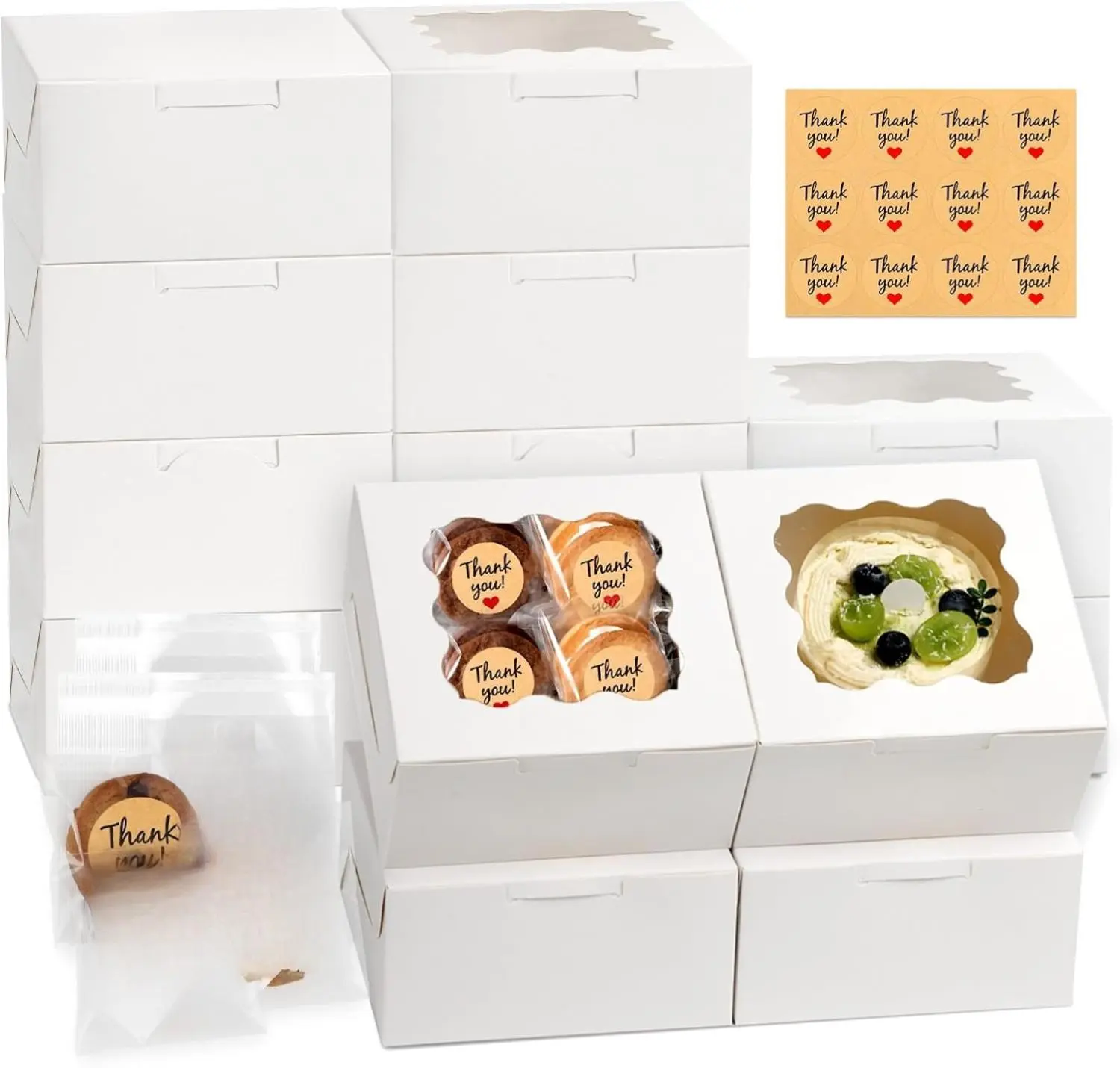12 Pcs Sturdy Handmade White Bakery Boxes with Window (6x6x3 in), Food Grade Cookie Bags & Stickers for Dessert, Pastry, Macarons