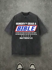 Vintage Washed 'hungry? Grab a Bible' Text Loose Fit Geometric T-Shirt, Retro Faith Style Casual Short Sleeve Streetwear Top