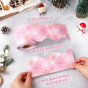 65-foot Christmas bulletin board frame, self-adhesive winter snowflake decorative frame, gold and pink design, classroom door wall decoration, holiday party decoration