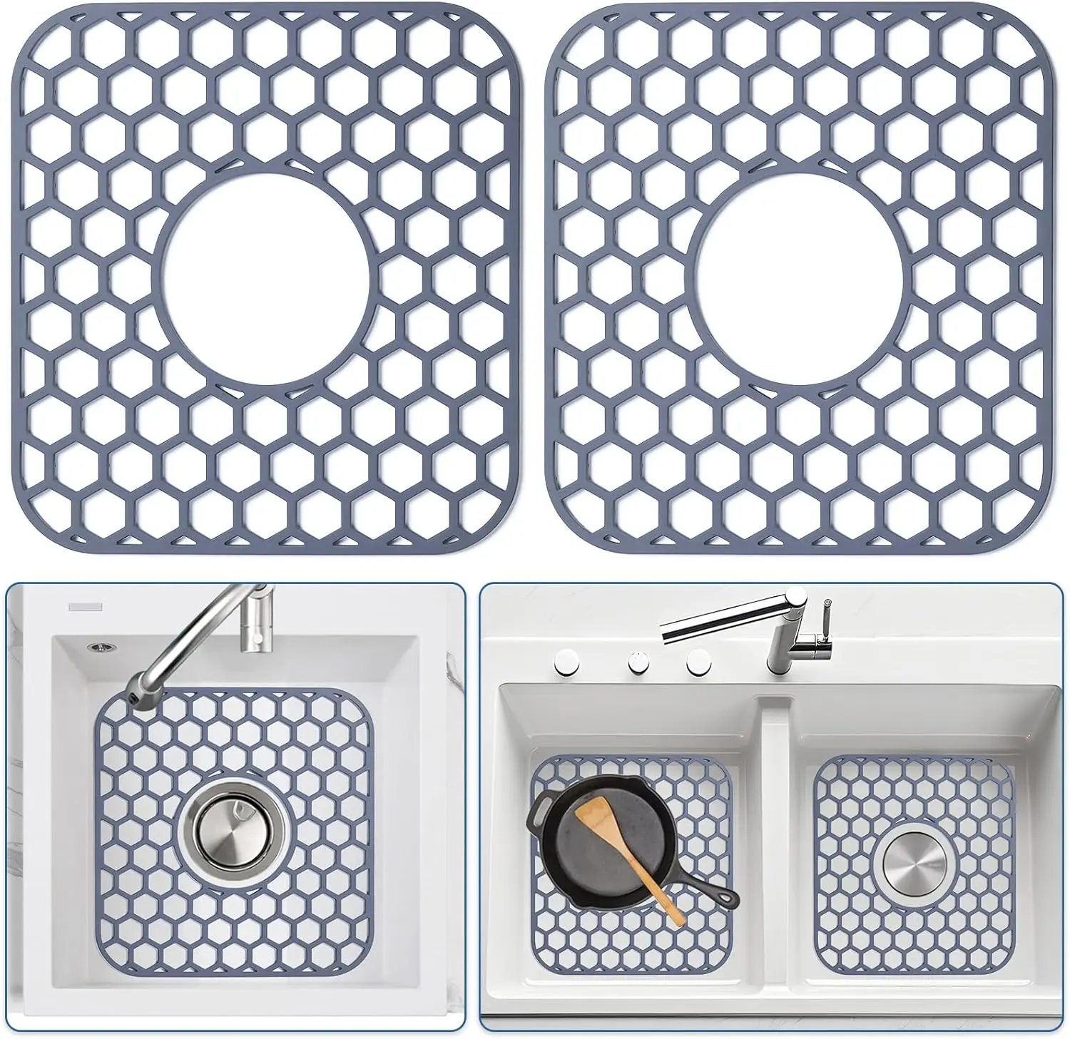 2 Silicone Sink Protectors, 12.4in x 11.5in x 0.35in Heat-Resistant Non-Slip Mats for Porcelain & Stainless Steel Kitchen Sinks, Center Drain Access, Easy to Clean & Hygienic, Dishwasher Safe for Everyday Use, 12.4 Inch X 11.5 Inch X 0.35 Inch