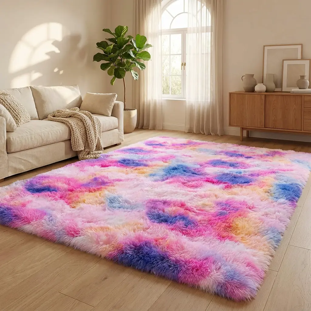 XEXSIN Fluffy Rainbow Rug for Girls Bedroom,Soft Hot Pink and Purple Tie-Dyed Kids Room Rug,Shaggy Area Rugs for Living Room,Fuzzy Colorful Playroom Nursery Rugs Room Decor