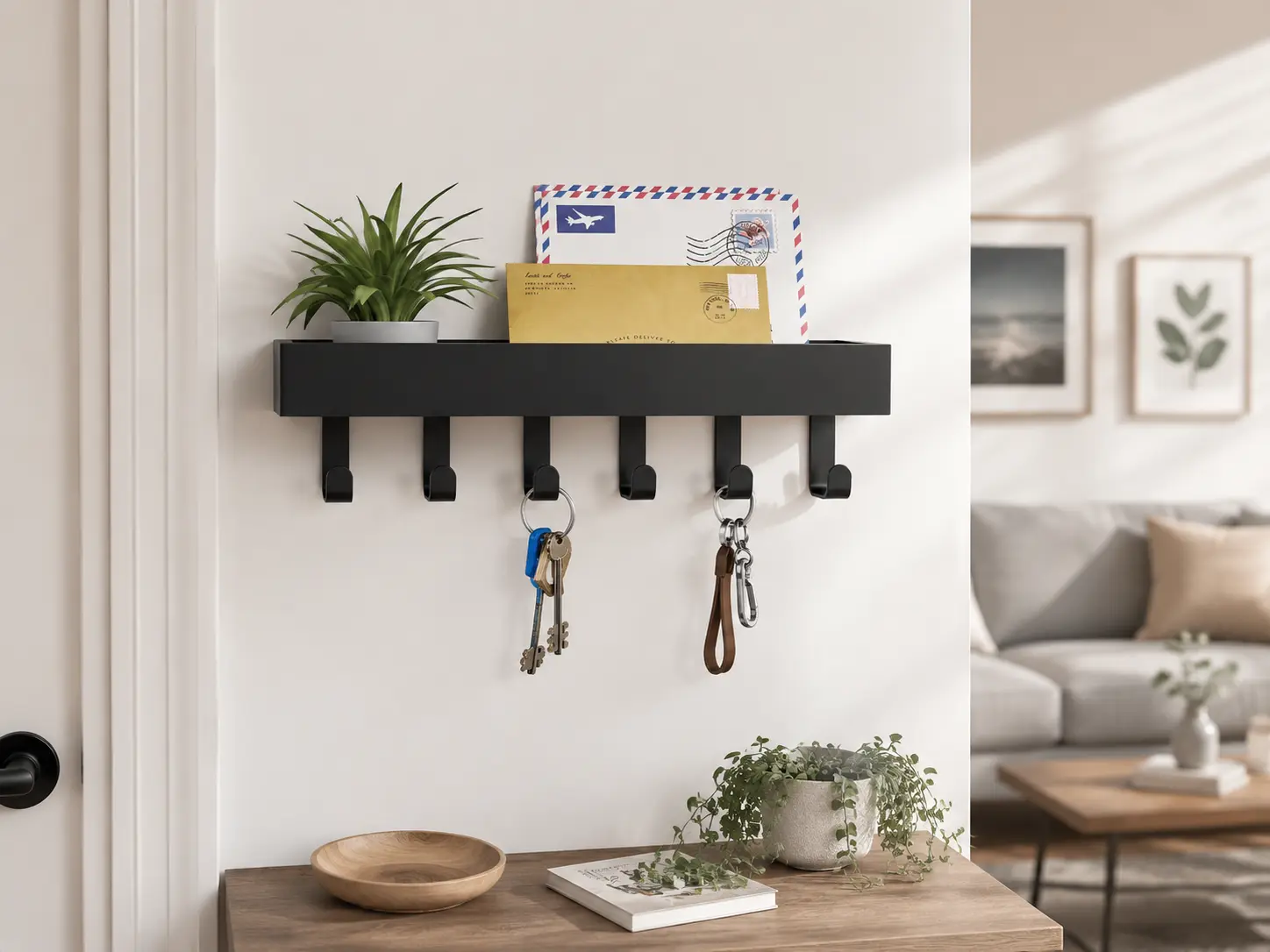 1 Count wall-mounted key holder with shelf, carbon steel key rack with wooden design, multifunctional wall organizer with hooks for entryway, living room, kitchen, mail and key storage, home decor