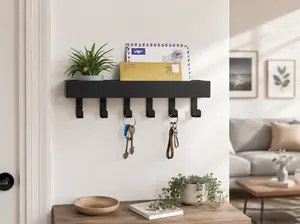 1 Count wall-mounted key holder with shelf, carbon steel key rack with wooden design, multifunctional wall organizer with hooks for entryway, living room, kitchen, mail and key storage, home decor