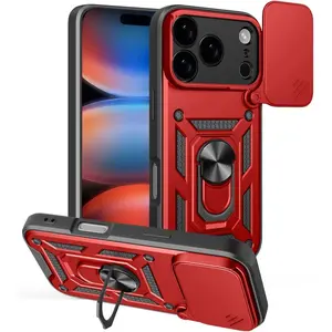 Case for iPhone 17 Pro Case with Slide Camera Cover & Rotated Ring Kickstand Military Grade Shockproof with Magnetic Car Mount Holder Cover, Red