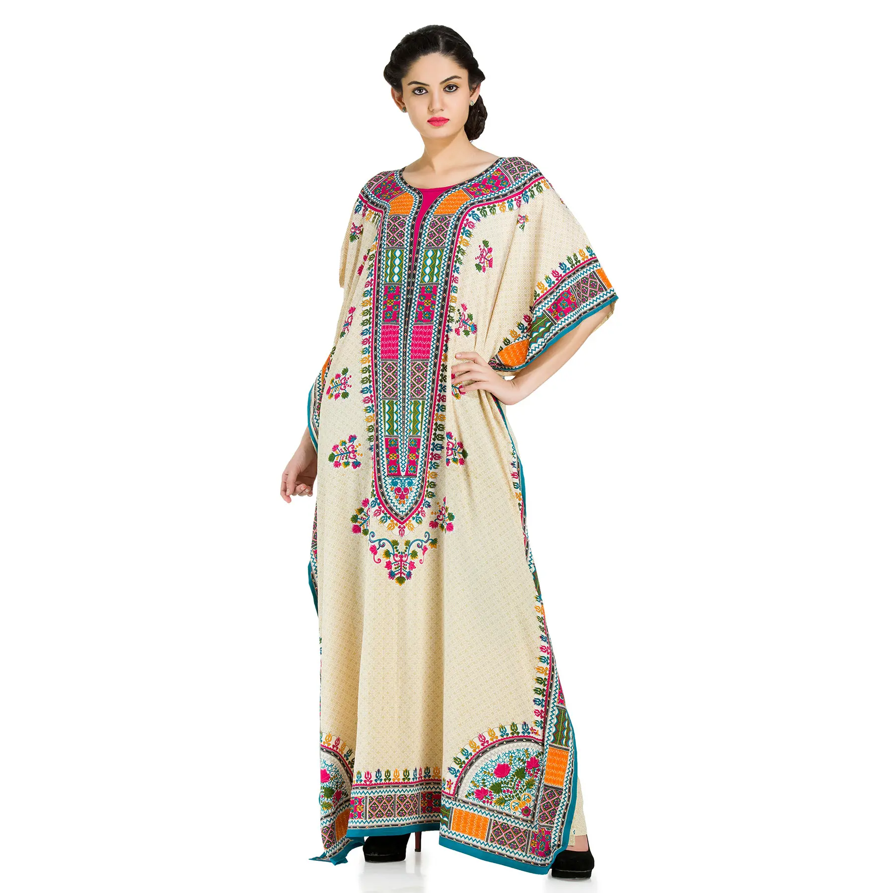 Gypsie Blu Women s Stylish Festive Wear Kaftan Polyester Beige Lightweight & Breathable Ethnic Floral Border Print Maxi One Size Fits Most