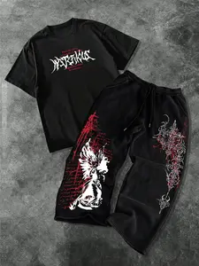 Men's Fashion Casual Two-Piece Set, Soft Comfortable Angel Cross & Wings Print Round Neck T-Shirt and Drawstring Wide Leg Pants