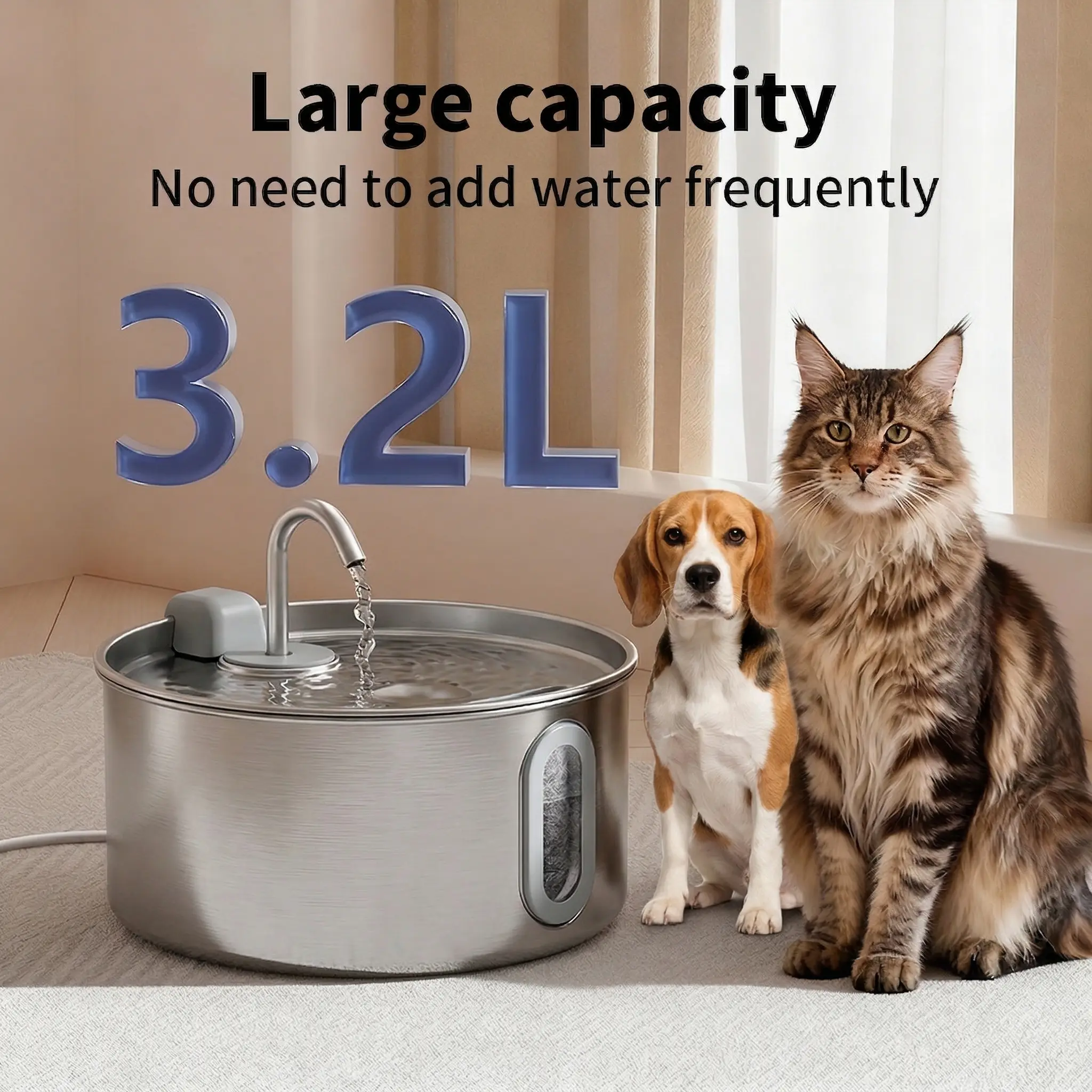 112oz/0.85Gal/3.2L stainless steel cat and dog water dispenser, pet water dispenser, ultra quiet stainless steel pet water dispenser, suitable for small dogs, cats and medium to large animals (including 6 filters, USB cable, 3.2L)