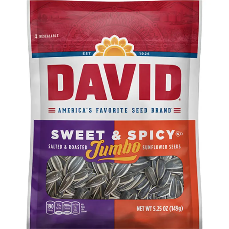 David Jumbo Sweet & Spicy Salted Roasted Sunflower Seeds Snack - 3-Pack (5.25oz Each) with Salt, Sugar, Canola Oil, Spices, Flavorful Treat for Parties, Picnics