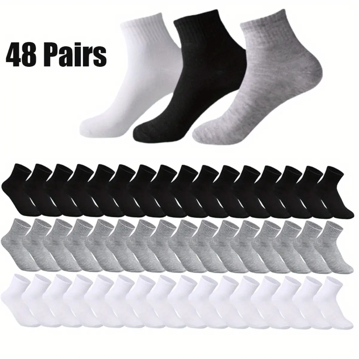 Men's Classic Plain Ankle Training Sports Socks (48 Pairs Bulk) - Elastic, Breathable, Sweat-Wicking Menswear Socks, 1-Size Shoe Fit for Daily Wear, Walking