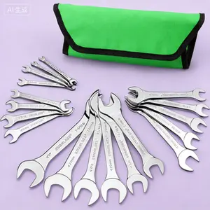 19-Piece Super-Thin Open End Wrench Set with Rolling Pouch, Metric 5.5–27 mm & SAE 1/4"-1-1/16", Slim Spanner Set, Carbon Steel, 3 mm Thickness, Professional Tools