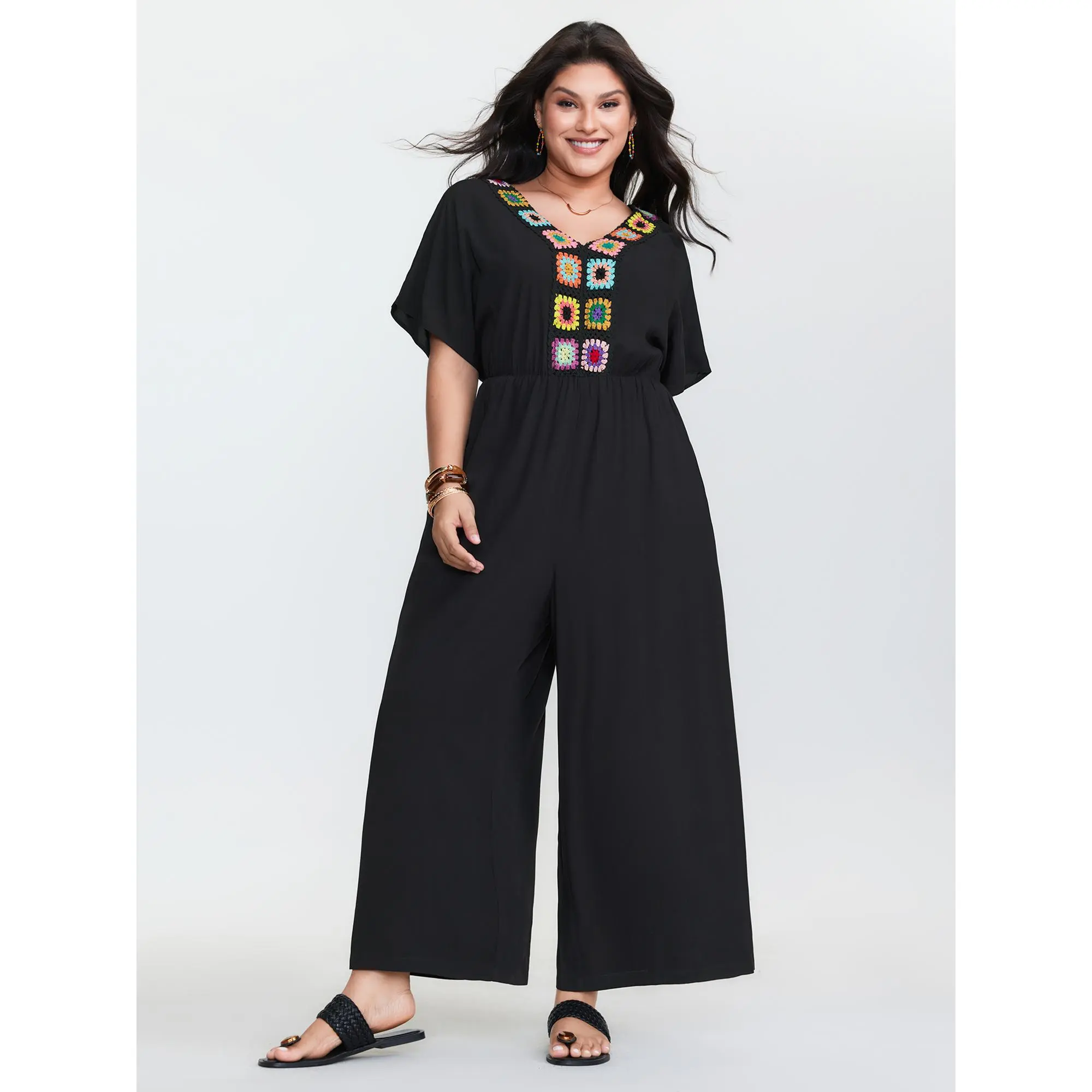 BLOOMCHIC Women's Plus Size Boho Rayon Overalls - V-Neck Cap Sleeve Body Flattering Jumpsuit, Colorful Crochet Detail, Plain Design, Side Pocket, Smooth Breathable Garment, Low Iron, 2026 Summer Wear, Sizes M-6X, Summerfinds, Plus Size Overalls