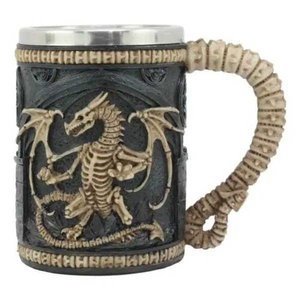 16oz Stainless Steel Legendary Ossuary Dragon Skeleton Tankard Mug - Resin, Hand-Painted, Polished Glossy Irregular Design, 4.25" Diameter, 5.5" Tall, 6.25" Long, Dragon Bone Tail, Medieval Look Kitchenware Drinkware for Coffee, Unique Gift