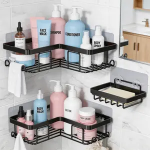 3-Pack Modern Durable Rustproof Stainless Steel Corner Adhesive Shower Caddy, No-Drilling Wall-Mounted Bathroom Organizer with Soap Holder and Hooks, Black