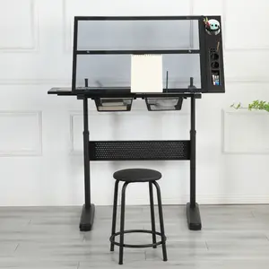 hand crank adjustable drafting table drawing desk with 2 metal drawers (BLACK)WITH STOOL