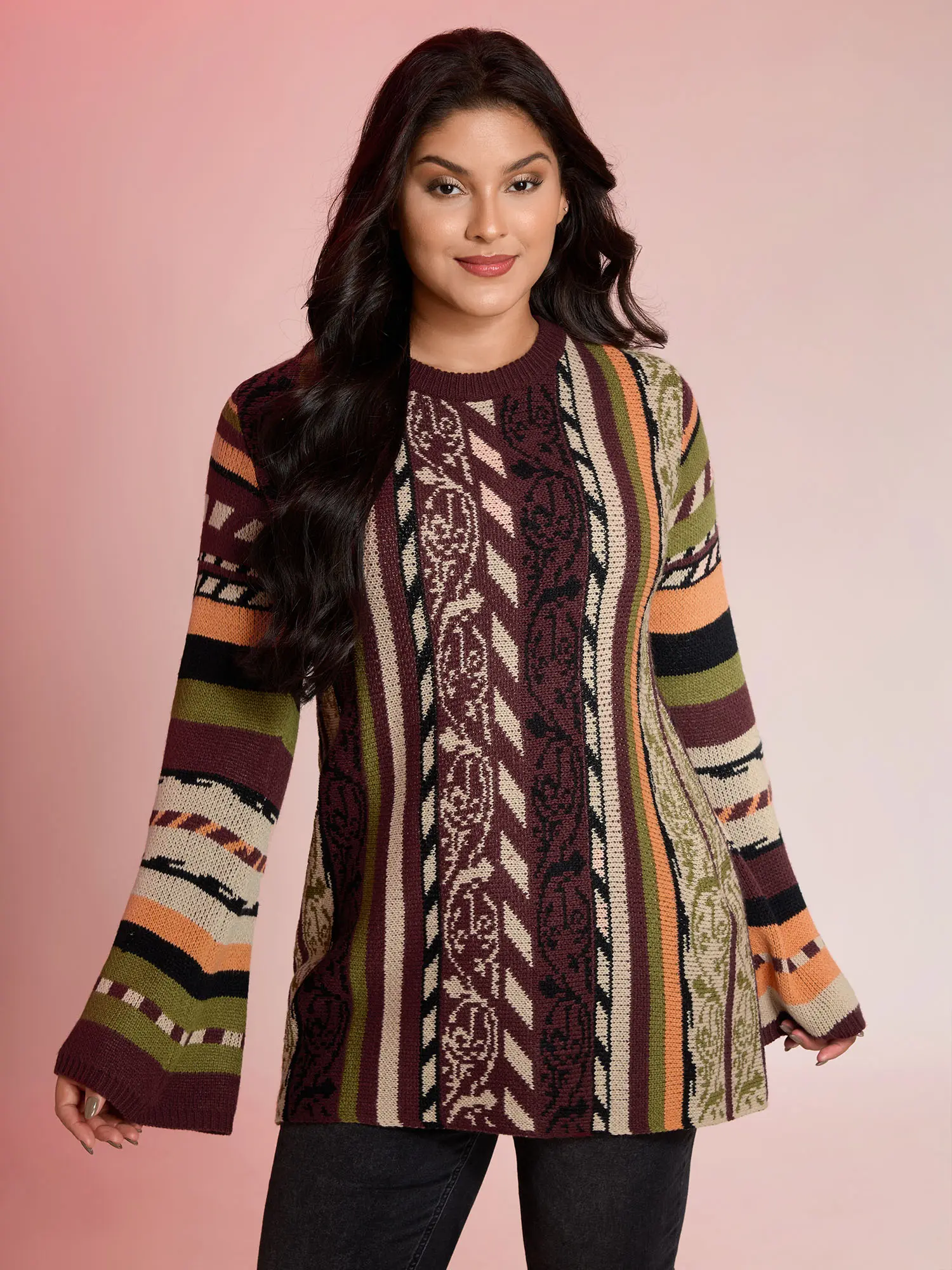 BloomChic Women's Oversized Boho Striped Acrylic Knitting Pullover - Long Bell Sleeves with Flare Detail, Mock Neck, Stretchy Dressy Casual Tops, Plum, Hand Wash, Do Not Dry Clean, Affordable Winter Bohemian Women's Knitwear, Loose Cut, Affordable Fashion