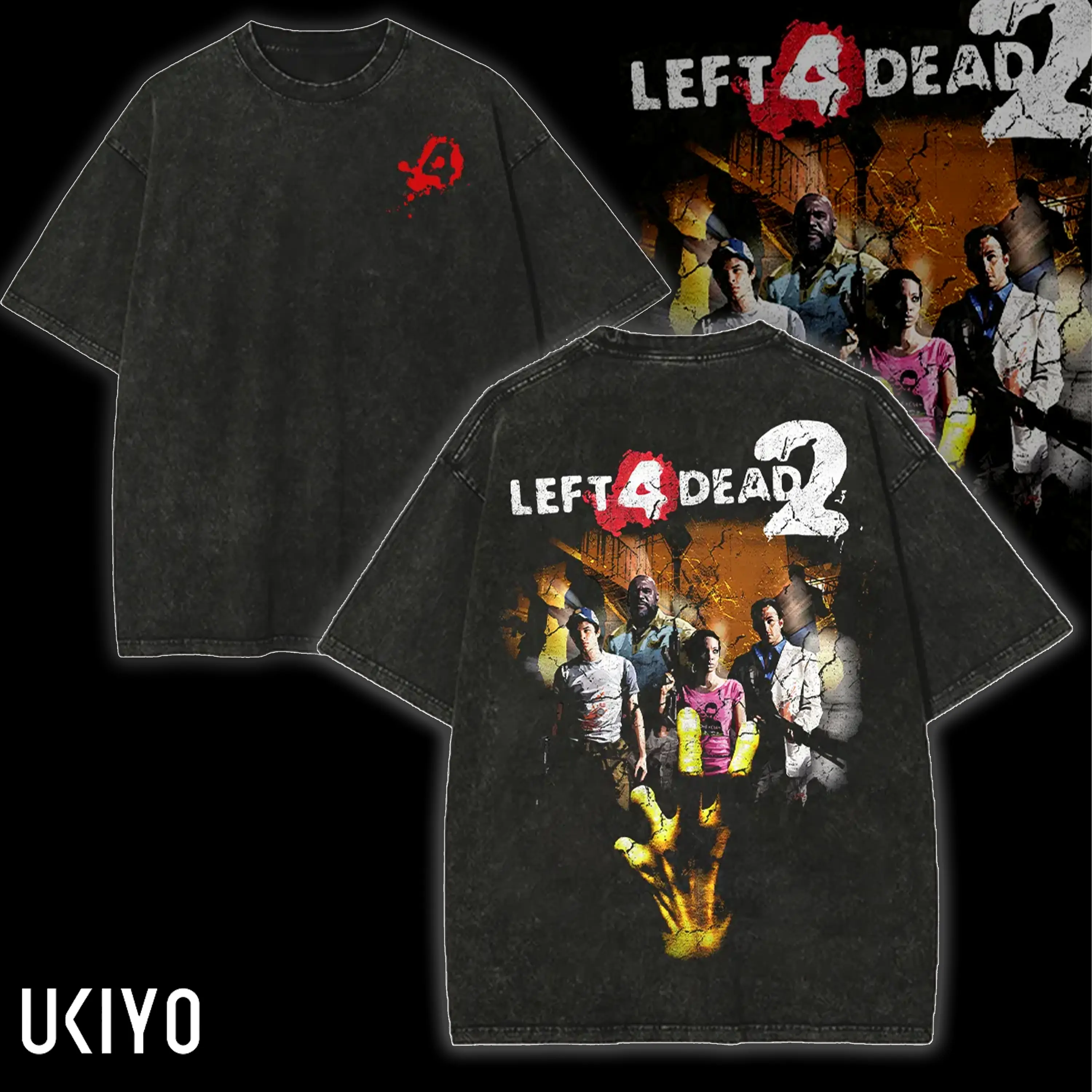 Left 4 Dead 2 Shirt Vintage Acid Wash Heavyweight Cotton Oversized Graphic Tee Zombie Survival Horror Gaming Merch Streetwear T-Shirt Apparel Tops Men Women Fabric Menswear Seamless Black