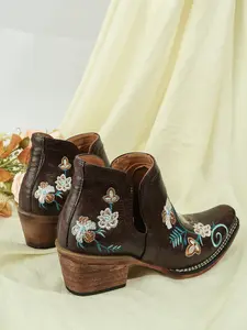 Classic Western Cowboy Boots, Western Rodeo Boots, Floral Embroidery, Coffee Colors, Retro Boho Style, PU Leather, All Seasons