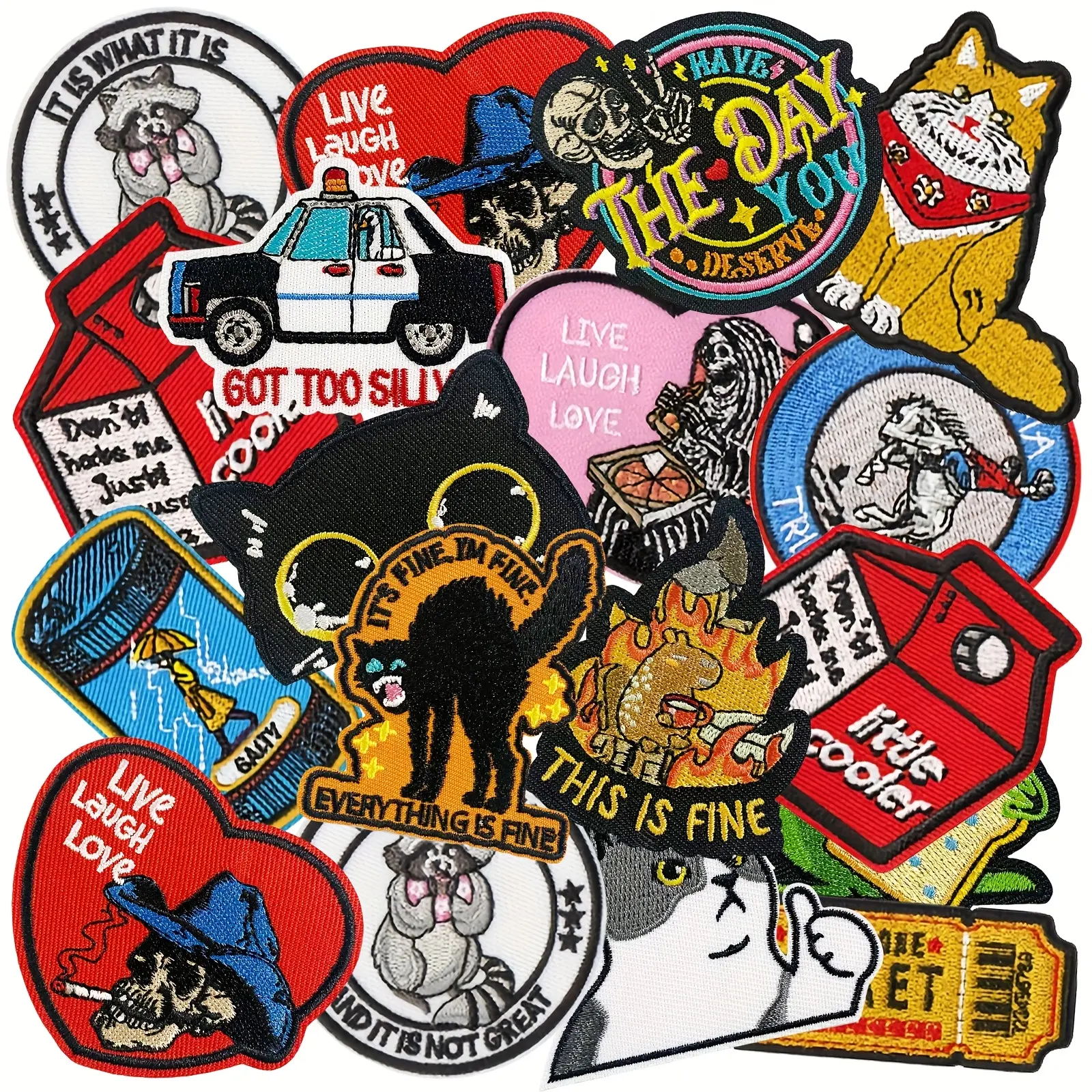 Funny Cartoon Cat Embroidered Patches, 18-Piece Set of Colorful Polyester Appliques, Iron-On or Sew-On Clothing Decor for Jackets & Backpacks, Set Pack, Woven Patches, Colorful Set, Jackets Bags