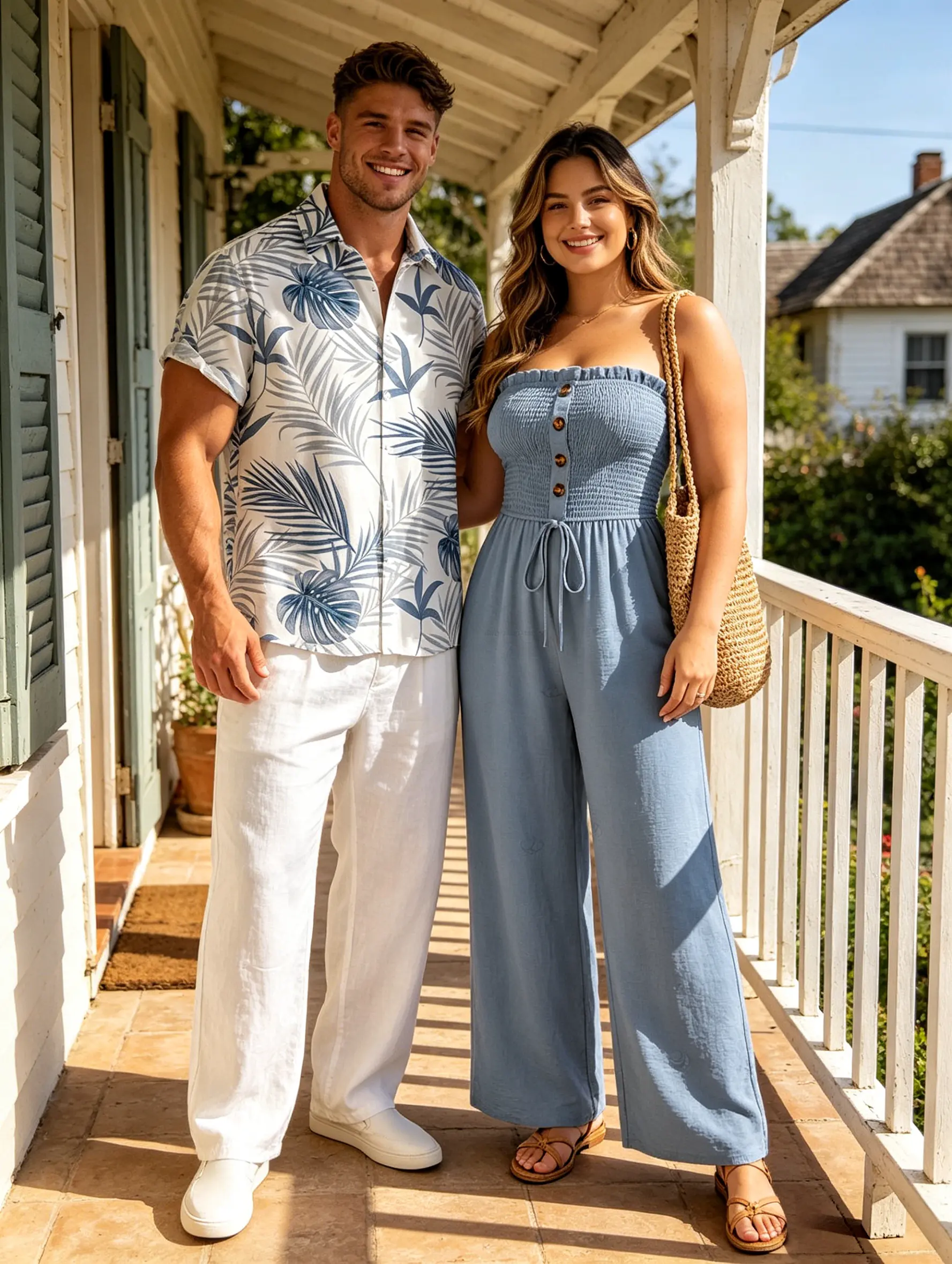 Tropical Getaway Couple Matching Set– Women's Ruffle Off Shoulder Wide Leg Jumpsuit & Men's Botanical Leaf Print Button Up Shirt