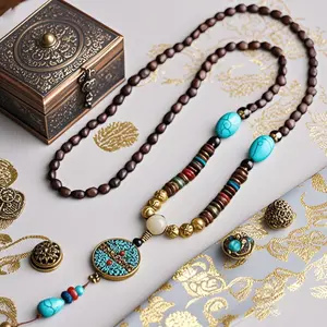Buddha Stones Turquoise Dzi Bead Prayer Wheel Wenge Wood Necklace