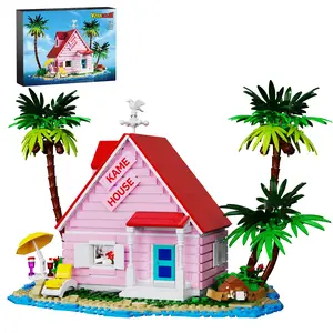 Retro Island Cottage Building Kit – Creative Brick House Set with Palm Trees & Ocean Scenery, Fun Display Model for Anime Fans & Collectors