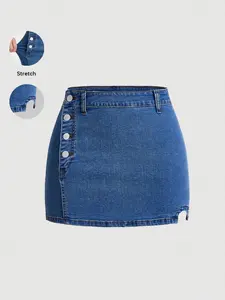 Women's Denim Skirt, Fashionable Elegant High Waist Short Jean Skirt, High Stretch Side Button Split Slim Fit Dress