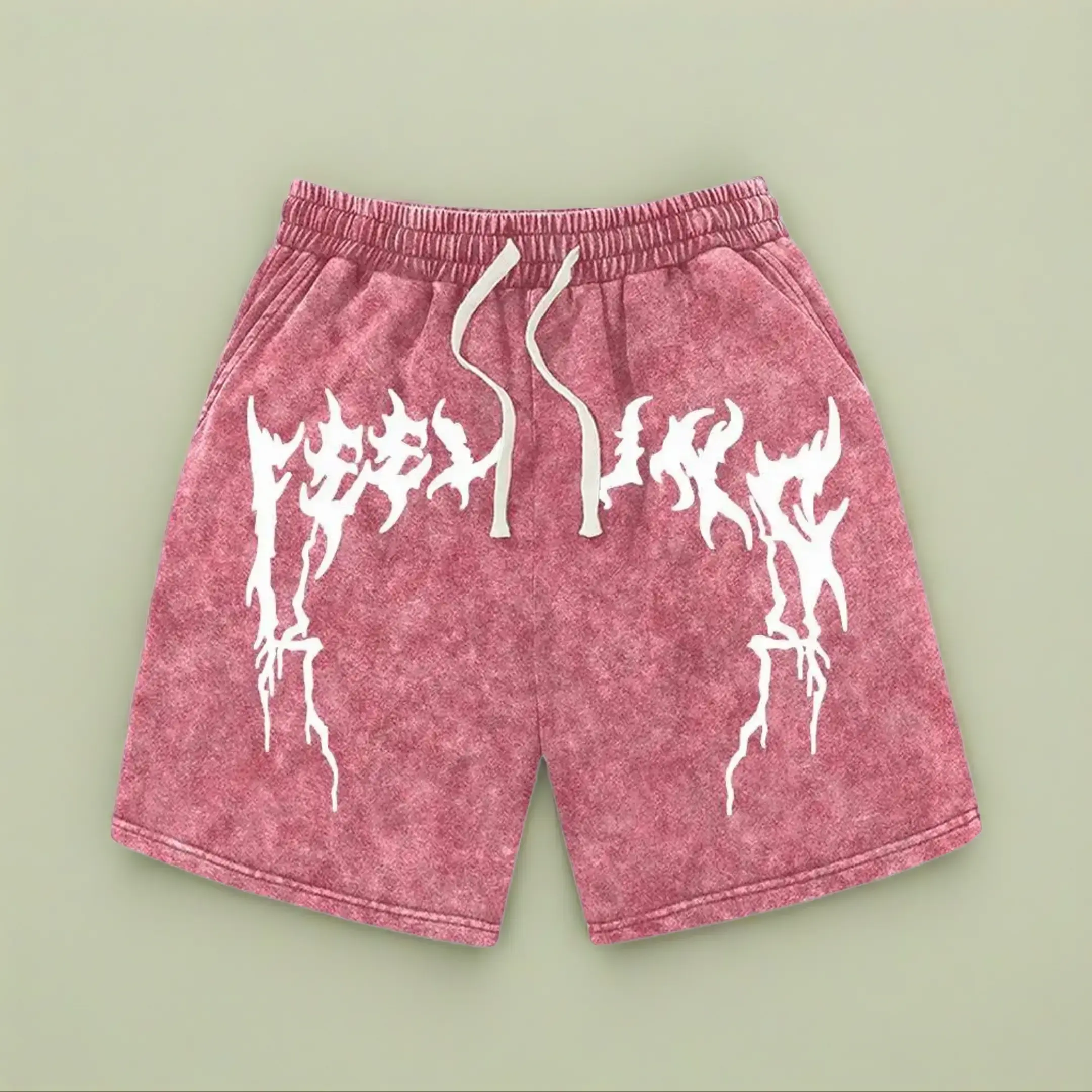 Men’s summer athletic shorts with unique printed patterns, washed distressed cotton fabric; casual loose fit with a drawstring waist and pockets. Retro street style from the 2000s—ideal for running, golf, fishing, basketball, camping, gym workouts, swimmi