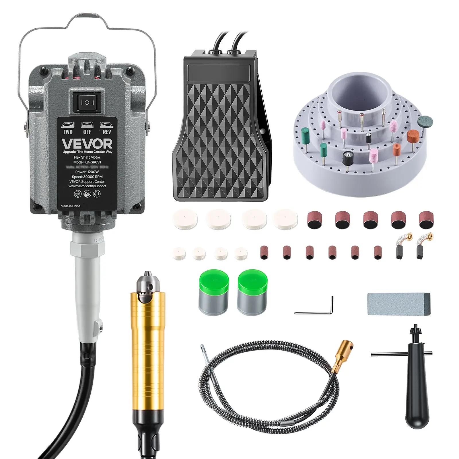 VEVOR Flex Shaft Grinder, 1200W Copper Motor Electric Rotary Tool with Foot Pedal Control, 30000 RPM Forward-Reverse ABS Hanging Carver (1 Accessory Holder, Carbon Brushes, 1 Spare Cable) + 112PCS Kit (11 Sanding Bands) for DIY Grinding, Cutting