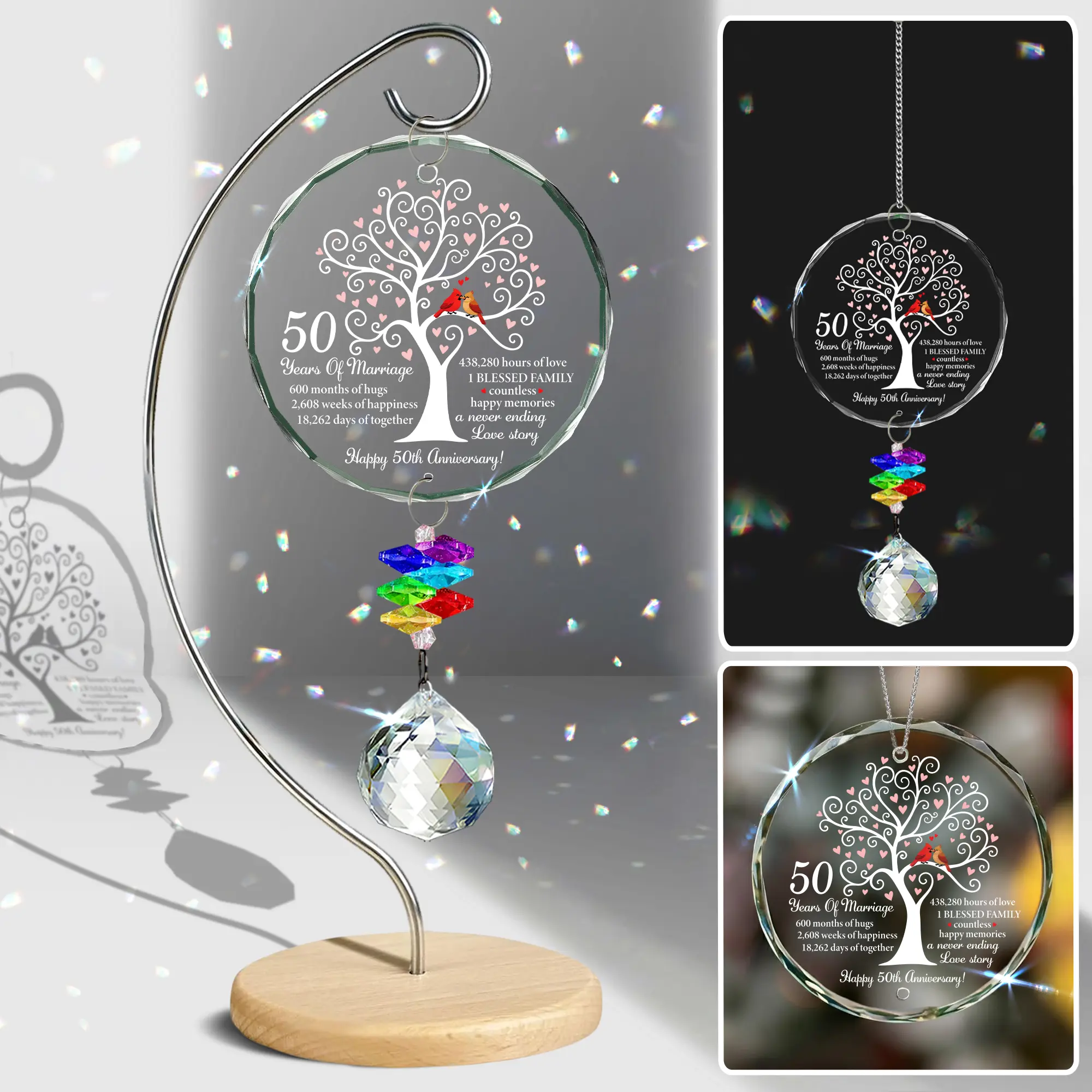 50th Anniversary Wedding Crystal Suncatcher with Stand, Anniversary Marriage Gift for Women Men, 50 Years of Marriage Gifts for Husband Wife, Wedding Anniversary Gifts Decor Glass