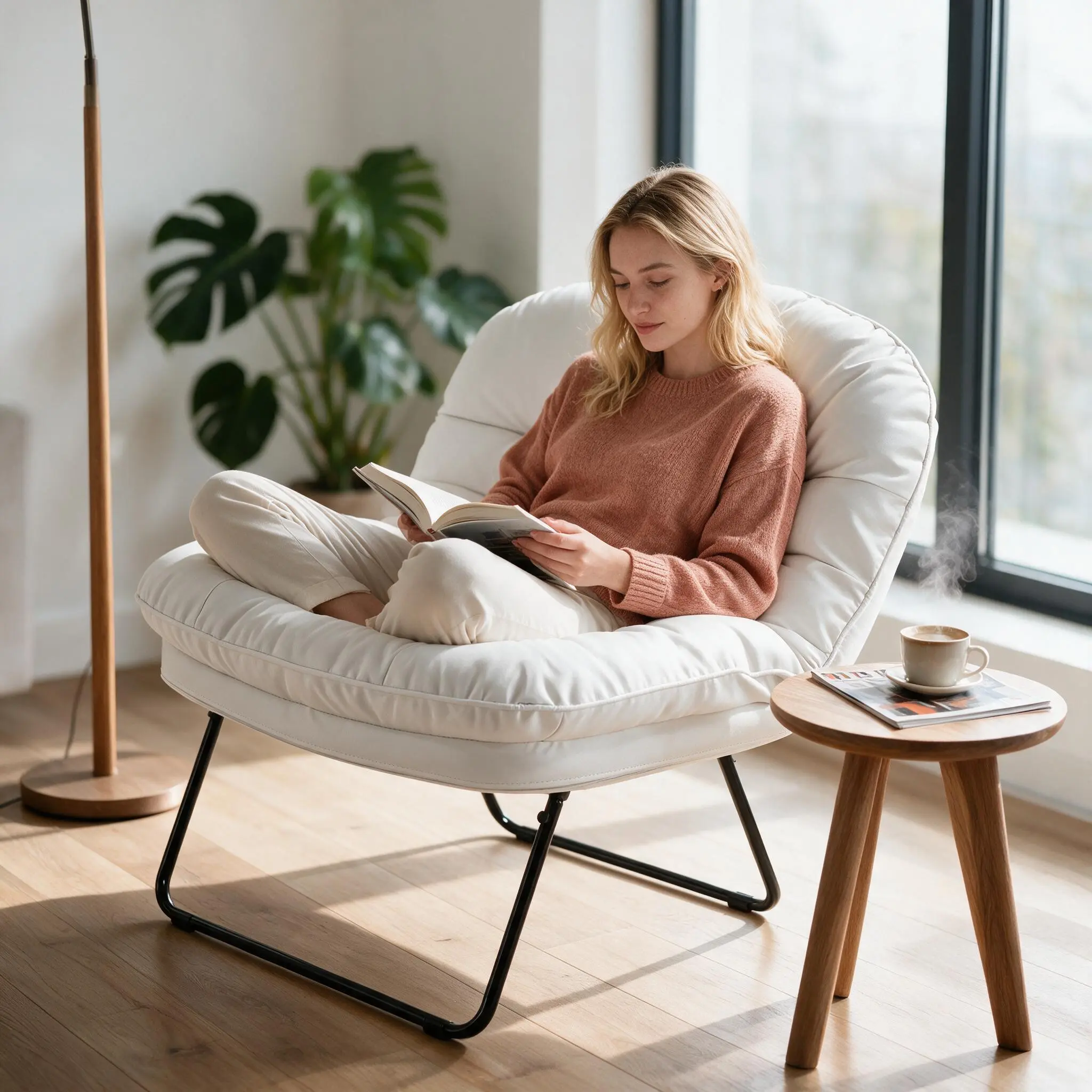 Modern Round Floor Chair - Foldable, Comfortable, Armless, Steel Frame, Tool-Free, with Back Support, Space-Saving for Small Indoor Spaces