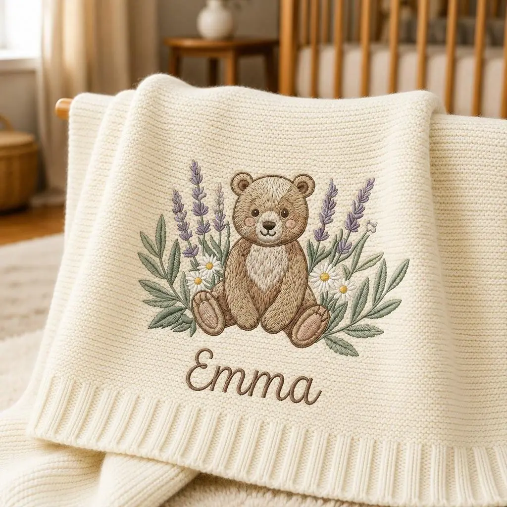 [Made-to-Order] Personalized Woodland Bear Embroidered Knit Baby Blanket, Custom Name Wildflower Lavender Newborn Blanket, Floral Nursery Keepsake, Baby Shower Gift
