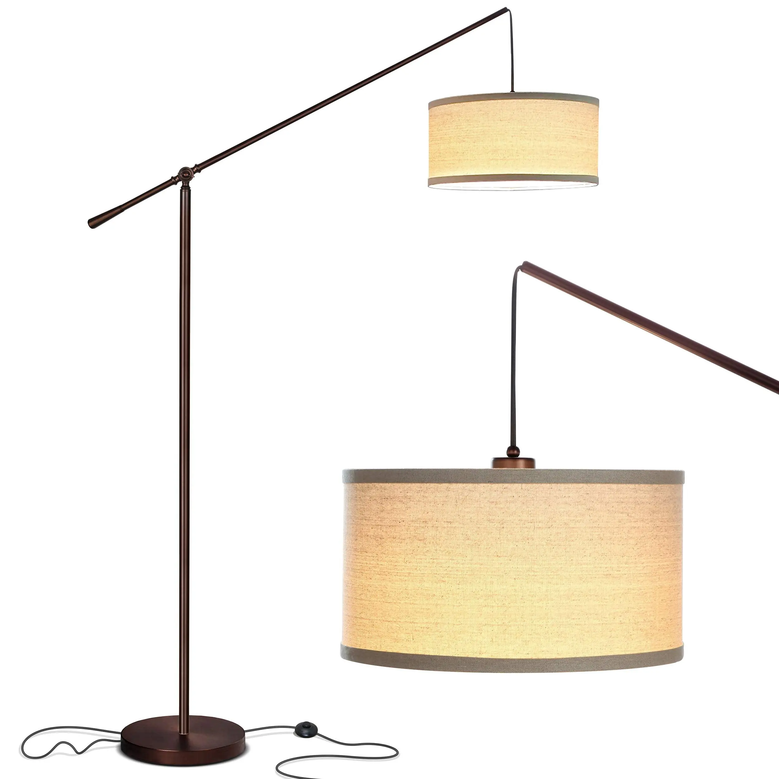 Brightech Hudson 2nd Gen Pendant Floor Lamp - Classic Elevated Crane Arc Floor Lamp with Linen-Textured Hanging Lamp Shade- Tall, Industrial, Uplight Lamp for Living Room