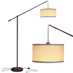 Brightech Hudson 2nd Gen Pendant Floor Lamp - Classic Elevated Crane Arc Floor Lamp with Linen-Textured Hanging Lamp Shade- Tall, Industrial, Uplight Lamp for Living Room